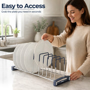 Plantex Plate Holder Stand for Kitchen/Stainless Steel Plate Organizer Rack/10-Slot Thali Stand for Kitchen Drawer/Tandem Box Accessories - (Size-8 inches, Slot- 10, Pack of 1)