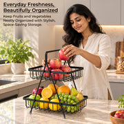 Plantex High Grade Fruit Basket for Dining Table/2- Tier Vegetable Basket Stand for Kitchen/Modern Fruit Storage Bowl for fruits and Vegetables/Kitchen Counter & Dining Table (Black)