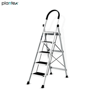 Plantex Steel Ladder for Home/Strong Foldable Wide 5 Step Ladder/Anti-Skid 5 Step Ladder - (Apex - White)-refurbished