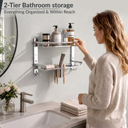 Plantex Bathroom Organiser Without Drill/Stainless Steel Bathroom Accessories Set with Soap Dish and Brush Slots/Hooks/Tumbler Holder/Steel Soap Holder for Bathroom-(2-Tier, Chrome)