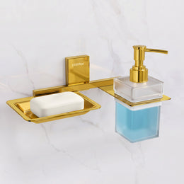 Plantex 304 Grade Stainless Steel Soap Holder with Liquid Dispenser/Shampoo Dispenser/Bathroom Accessories - Crystal (PVD Gold)