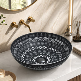 Plantex Ceramic Round Wash Basin for Bathroom/Designer Table Top Washbasin/Countertop Hand Basin for Restaurant/Hotel (15.5x15.5x4.5 Inch - Black & White)