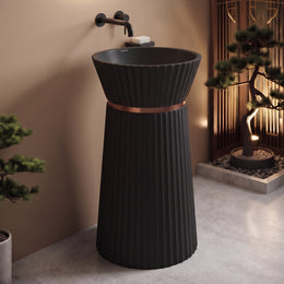 Plantex Round Pedestal Basin for Bathroom/Acrylic Resin & Quartz Designer One Piece Pedestal Free Standing Wash Basin for living Room/Hotel (Black-17x17x33.5 inch)