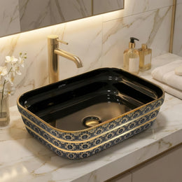 Plantex Designer Ceramic Basin/Table Top Wash Basin for Bathroom/Countertop Vessel Sink Basin for Home/Office/Restaurant (Black Art, 20 x 15 x 6 Inch )