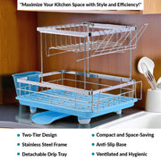 Plantex Stainless Steel Utensils Drying Rack/2-Tier Dish Drainer Rack with Removable Drain Board/Vessel Drainer Basket/Bartan Satnd - 20 x 14 x 15 Inch (Chrome)