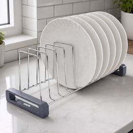 Plantex Durable Stainless Steel Plate Stand for Kitchen Cabinet/10 Slot Plate Oraganizer for Kitchen/8 Inch Thali Stand with Anti-Scratch Base(Size-8Inches, Slot- 10, Pack of 1)