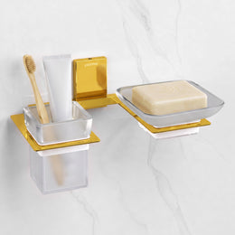 Plantex 304 Grade Stainless Steel Glass Soap Dish with Tumbler Holder/Soap Stand/Toothbrush Holder/Bathroom Accessories - Crystal (PVD Gold)