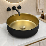 Plantex Table Top Wash Basin for Bathroom/Designer Ceramic Basin/Round Countertop Vessel Sink Basin for Home/Office/Hotel (Black & Gold - 14 x 14 x 5 Inch)