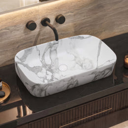Plantex Ceramic Tabletop Washbasin for Bathroom/Designer Counter Top Hand Wash Basin/Rectangle Bathroom Sink for Home/Office (21.5x14x5 Inch -Marble Finish)