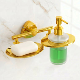 Plantex J4 Stainless Steel Soap Dish with Liquid Dispenser/Soap Stand for Bathroom Wall Mount/Shampoo Dispenser/Bathroom Accessories (PVD Gold Finish) Angel