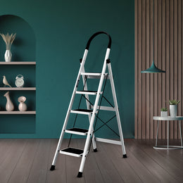 Plantex Steel Ladder for Home/Strong Foldable Wide 5 Step Ladder/Anti-Skid 5 Step Ladder - (Apex - White)-refurbished