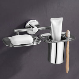 Plantex 304 Grade Stainless Steel 2in1 Soap Dish with Tumbler Holder/Soap Stand/Tooth Brush Holder/Bathroom Accessories - (Chrome)