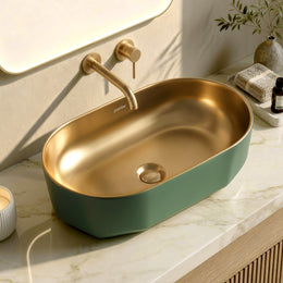 Plantex Designer Wash Basin for Bathroom/Ceramic Table Top Washbasin/Countertop Vessel Sink Basin - (Green Gold, 22 x 13 x 6 Inch)
