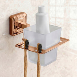 Plantex 304 Grade Stainless Steel Glass Toothbrush Holder/Stand/ABS Toothpaste Stand/Tumbler Holder for Bathroom - Decan (Rose Gold)