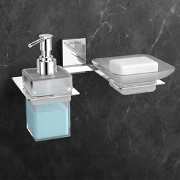 Plantex 304 Grade Stainless Steel Soap Dish/Glass Soap Holder/Liquid Soap Dispenser/Shampoo Dispenser for Bathroom/Bathroom Accessories (Crystal -Chrome)
