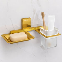 Plantex 304 Grade Stainless Steel Soap Dish with Glass Toothbrush Holder/Soap Stand/Soap Case with Tumbler/Bathroom Accessories - Pack of 1 (Crystal, PVD Gold)