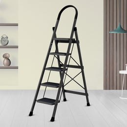 Plantex Steel Ladder for Home/Strong Foldable Wide 5 Step Ladder/Anti-Skid 5 Step Ladder - (Apex - Black)-refurbished