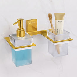 Plantex 304 Grade Stainless Steel Glass Liquid Dispenser with Tumbler Holder/Toothbrush Holder/Shampoo Dispenser for Washbasin/Kitchen/Bathroom Accessories - Pack of 1 (Crystal, PVD Gold)