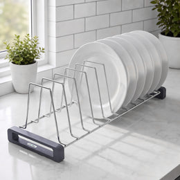 Plantex Stainless Steel Plate Rack for Kitchen/10 Slot Dish Organizer Rack/Plate Holder for Kitchen Drawer/Saucer Stand with Anti-Scratch Base (6 Inches, Pack of 1)