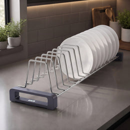 Plantex Stainless Steel Plate Stand for Kitchen Cabinet/14 Slot Plate Rack Organiser/Saucer/Dish Rack Organiser for Kitchen with Anti-Scratch Base (Size-4Inches, Slot- 14, Pack of 1)
