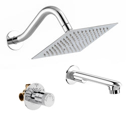 Plantex Shower Combo Set for Bathroom/Brass Single Knob Diverter/Bathtub Spout/8x8 Inch Ultra Slim Overhead Shower/11-Inch S-Shaped Shower Arm – Chrome
