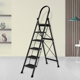 Plantex Steel Ladder for Home/Strong Foldable Wide 6 Step Ladder/Anti-Skid 6 Step Ladder - (Apex - Black)-refurbished
