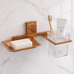 Plantex Soap Dish with Glass Toothbrush Holder for Bathroom/304 Grade Stainless Steel Soap Holder with Tumbler Holder/Soap Stand/Toothpaste Holder - Crystal (PVD Rose Gold)