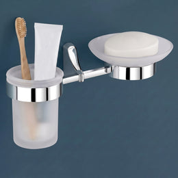 Plantex Rich Brass Bathroom Accessories - Unique Tooth Brush Holder/Tumbler Holder with Soap Holder/Toothpaste Holder/Soap Dish/Soap Stand(Chrome)