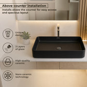 Plantex Black Tabletop Basin for Bathroom/Countertop Wash Basin/Ceramic Bathroom Basin/Washbasin for Restaurant/Hotel (Matt Black Finish - 24 x 13 x 5 Inch)
