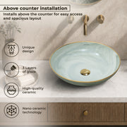 Plantex Wash Basin/Ceramic Table Top Wash Basin/Designer Countertop Basin for Bathroom/Restaurants/Hotel (Mint green & Gold - 16.5 x 16.5 x 4 Inch)