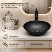 Plantex Ceramic Wash Basin for Bathroom/Table Top Ceramic Basin/Washbasin for Bathroom - (BOAT-NS-BLACK-Marble Finish,16 x 13 x 5.5 Inch)