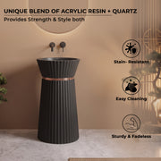 Plantex Round Pedestal Basin for Bathroom/Acrylic Resin & Quartz Designer One Piece Pedestal Free Standing Wash Basin for living Room/Hotel (Black-17x17x33.5 inch)