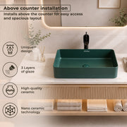Plantex Ceramic Basin/Tabletop Wash Basin for Bathroom/Rectangle Over Counter Vessel Sink for Restaurant/Hotel (Matt Green, 24 x 14 x 4.5 Inch)