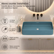Plantex Ceramic Designer Washbasin for Bathroom/Countertop Bathroom Basin/Rectangle Tabletop Wash Basin for Restaurant/Hotel (Harmony Blue - 26 x 15 x 5 Inch)