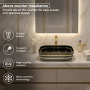 Plantex Designer Ceramic Basin/Table Top Wash Basin for Bathroom/Countertop Vessel Sink Basin for Home/Office/Restaurant (Black Art, 20 x 15 x 6 Inch)