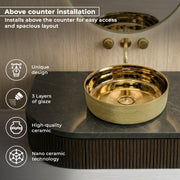 Plantex Ceramic Washbasin/Tabletop Wash Basin/Countertop Vessel Sink for Bathroom/Livingroom Decor - Indo-European Collection (Gold -14.4 x 14.4 x 5 Inch)