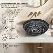 Plantex Ceramic Round Wash Basin for Bathroom/Designer Table Top Washbasin/Countertop Hand Basin for Restaurant/Hotel (15.5x15.5x4.5 Inch - Black & White)