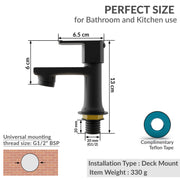 Plantex Pillar Tap for Wash Basin with Water Saving Aerator and Brass Spindle/Quarter Turn Basin Tap with Teflon Tape/Pillar Cocke for Wash Basin - Pack of 1 (Saga, Black)
