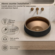 Plantex Designer Ceramic Basin/Table Top Wash Basin for Bathroom/Countertop Vessel Sink Basin for Home/Office/Restaurant (Black & Bronze - 15 x 15 x 6 Inch)
