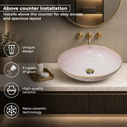 Plantex Wash Basin/Ceramic Table Top Wash Basin/Designer Countertop Basin for Bathroom/Restaurants/Hotel (Pink & Gold - 16.5 x 16.5 x 4 Inch)
