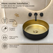 Plantex Table Top Wash Basin for Bathroom/Designer Ceramic Basin/Round Countertop Vessel Sink Basin for Home/Office/Hotel (Black & Gold - 14 x 14 x 5 Inch)