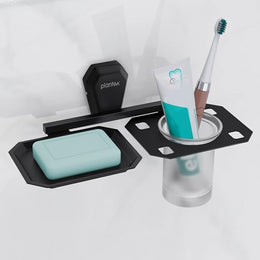 Plantex 2in1 Soap Dish with Tumbler Holder for Bathroom/304 Grade Stainless Steel Soap Holder with Toothbrush Holder/Bathroom Accessories - Pack of 1 (PMB-2409, Z-Black)