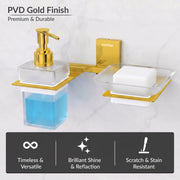Plantex 304 Grade Stainless Steel Glass Soap Dish with Liquid Dispenser for Bathroom/Soap Stand/Glass Shampoo Dispenser/Bathroom Accessories - Pack of 1 (Crystal, PVD Gold)