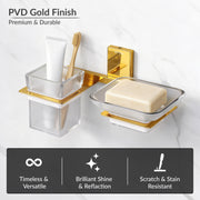 Plantex 304 Grade Stainless Steel Glass Soap Dish with Tumbler Holder/Soap Stand/Toothbrush Holder/Bathroom Accessories - Crystal (PVD Gold)