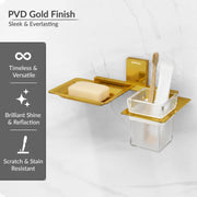 Plantex 304 Grade Stainless Steel Soap Dish with Glass Toothbrush Holder/Soap Stand/Soap Case with Tumbler/Bathroom Accessories - Pack of 1 (Crystal, PVD Gold)