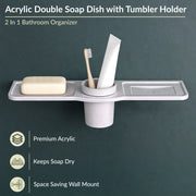 Plantex Double Soap Dish with Tumbler Holder/Acrylic Soap Stand with Tumbler for Bathroom/Soap Holder/Bathroom Accessories - Pack of 1 (VIG-119, Grey)