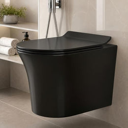 Plantex Platinum Ceramic P Trap Wall Hung Western Commode/Rimless Washdown Flush for Western Toilet/ Commode with Soft Close Toilet Seat Cover  - (Black)