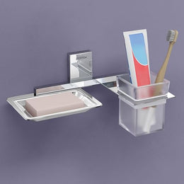Plantex 304 Grade Stainless Steel 2 in 1 Soap Dish with Tumbler Holder/Soap Holder/Toothbrush Holder/Bathroom Accessories - Crystal (Chrome)