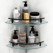 Plantex Premium Frosted Glass Corner Shelf for Bathroom/Kitchen Glass Shelf with Brass Railings and Brackets/Bathroom Corner Shelf/Storage Rack (Black-9x9 Inches- Pack of 2)