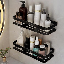 Plantex Self Adhesive Shelf for Bathroom/Aluminium Bathroom Organisers/Wall Mounted Bathroom Shelf with Magic Stickers (12x5 inches, Matt Black) - Pack of 2